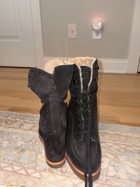 Veronica Beard Black Suede Lace-Up Wedge Boots with Shearling Trim